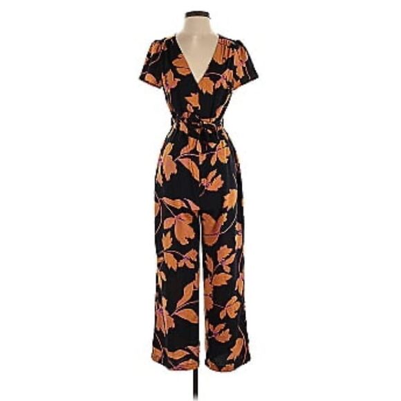 ModCloth Women's V-Neck Floral Wide Leg Jumpsuit Black Orange Pink Size Small - Picture 1 of 5